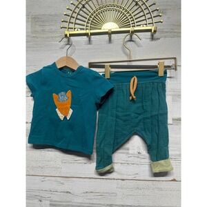 Moulin Roty (France) Fox Set Kids 12-18M Teal Harem Pants Graphic Tee NWT